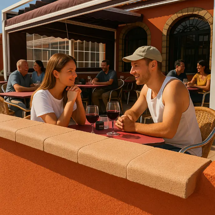 Grupo de personas felices compartiendo bebidas y buen ambiente en la terraza de MG Mesón Galea